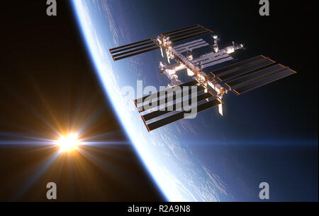 Station Spatiale Internationale sur fond de soleil levant 3D Illustration. Banque D'Images