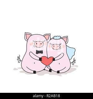 Couple de porcs dans l'amour,deux animaux mignons avec coeur,isolé sur w Illustration de Vecteur