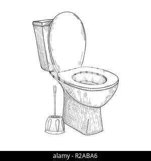 Croquis de la cuvette des toilettes et autres articles de toilette isolé sur fond blanc. Vector Illustration de Vecteur