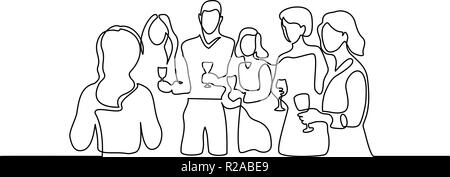 Dessin d'une ligne continue. Société de personnes date célèbre avec wineglasses. Vector illustration pour la bannière, web, élément de conception, modèle, carte postale. Illustration de Vecteur