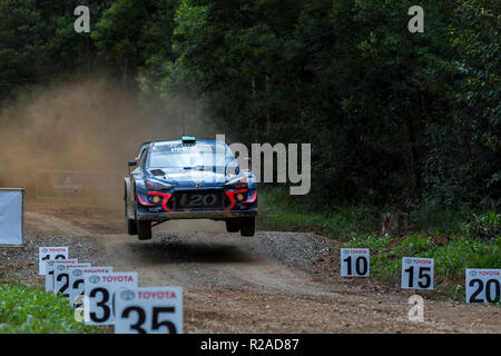18 novembre 2018, Coffs Harbour, Nouvelle-Galles du Sud, Australie ; FIA World Rally Championship de l'Australie ; Hyundai Mobis Shell World Rally Team Hyundai i20 conduit par Hayden Paddon et conduit par Sebastian Marshall pendant la phase 1 Cloches de mariage Banque D'Images