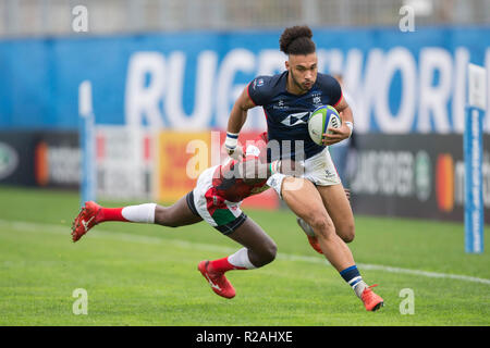 17 novembre 2018, la France (France), Marseille : Qualification pour la Coupe du Monde de Rugby 2019 au Japon entre Hong Kong et le Kenya le 17.11.2018 à Marseille. S'attaquer à Max Danemark (Hong Kong, 11) Photo : Jürgen Kessler/dpa Banque D'Images