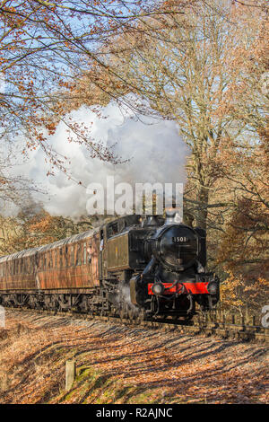 Bewdley, UK. 18 novembre, 2018. Météo France : les voyageurs sur la Severn Valley Railway (a heritage railway entre Kidderminster et Bridgnorth) Profitez de l'automne glorieux soleil comme leur vintage locomotive à vapeur passe à travers le beau, l'automne, rural, campagne du Worcestershire. Credit : Lee Hudson/Alamy Live News Banque D'Images