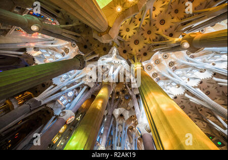 Barcelone, Espagne. Déc 20, 2017. Voir en haute dans l'intérieur de la cathédrale Sagrada Familia, une basilique catholique romaine dans le district de l'Eixample. Depuis 1882 il a été construit selon les plans de l'architecte catalan Antoni Gaudi. Crédit : Frank Rumpenhorst/dpa/Alamy Live News Banque D'Images