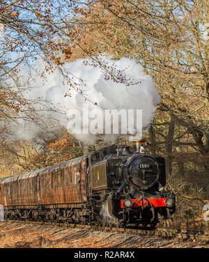 Bewdley, UK. 18 novembre, 2018. Météo France : les voyageurs sur la Severn Valley Railway (a heritage railway entre Kidderminster et Bridgnorth) Profitez de l'automne glorieux soleil comme leur vintage UK locomotive à vapeur passe à travers le beau, l'automne, rural, campagne du Worcestershire. Credit : Lee Hudson/Alamy Live News Banque D'Images