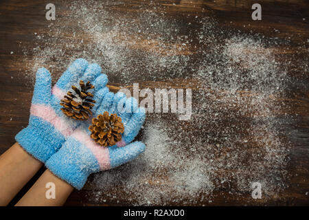 Les mains dans les gants pinecone holding Banque D'Images