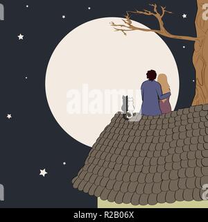 Hand drawn vector illustration of loving couple assis sur le toit, à la lune au ciel de nuit sous les étoiles au lieu de texte avec Illustration de Vecteur