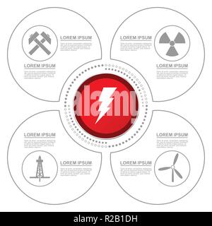 La production d'énergie technologie infographique vecteur présentation modèle avec 4 options. L'énergie atomique, de l'exploitation minière, de fermes éoliennes, l'exploitation du pétrole et du gaz diag Illustration de Vecteur