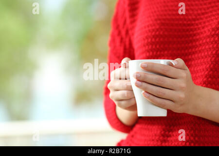 Close up of a woman wearing red pullover avec mains tenant une tasse de café à côté d'une fenêtre avec un fond vert Banque D'Images