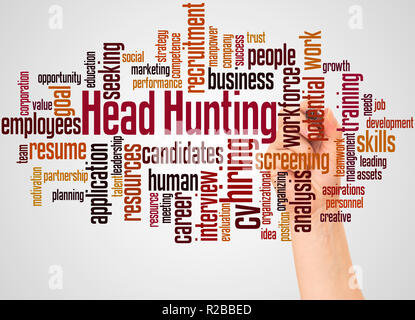 Chasse de tête word cloud et part avec le concept sur fond blanc. Banque D'Images