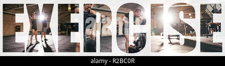 Collage de monter deux jeunes dans l'élaboration de vêtements avec différents équipements de gym avec un fond de l'exercice de texte Banque D'Images