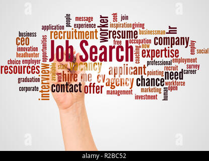 Nuage de mots de recherche d'emploi et de la main avec le concept sur fond blanc. Banque D'Images