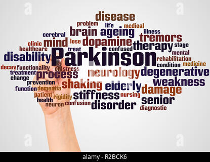 Nuage de mots Parkinson et part avec le concept sur fond blanc. Banque D'Images