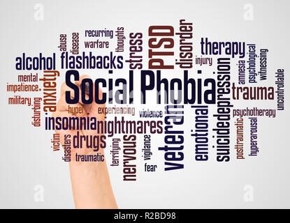 La phobie sociale et l'ESPT et Nuage de mots avec la main concept de marqueur sur fond blanc. Banque D'Images