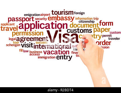 Nuage de mots Demande de visa la main concept sur fond blanc. Banque D'Images