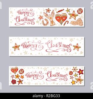 Joyeux Noël jeu de bannières horizontales. Éléments et symboles de fête, isolé sur fond blanc, style rétro. Lettrage fait main. Nouvelle saison de l'année. Illustration de Vecteur