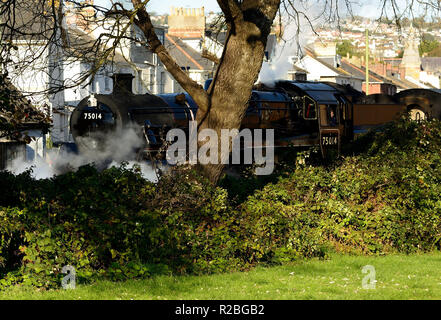 Train à vapeur dans un quartier résidentiel de Paignton au passage à niveau du chemin des sables bitumineux. Banque D'Images