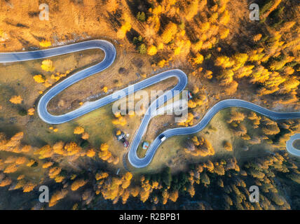 Vue aérienne de la route sinueuse dans la forêt d'automne au coucher du soleil dans les montagnes. Vue de dessus de chaussée asphaltée parfait et d'orangers. Dans le col de woo Banque D'Images