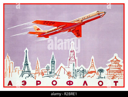 Aeroflot Vintage années 50, l'aviation russe soviétique affiche publicitaire pour la compagnie aérienne, l'État soviétique Aeroflot. Poster dispose d'un avion à réaction avec CCCP soviétique Tupolev Tu-104 survolant la silhouette d'Amérique, d'Europe et d'Asie capitales du monde avec des bâtiments d'intérêt, y compris la Tour Eiffel Paris, 'Big Ben' Londres, pyramide pour Le Caire et du Kremlin à Moscou. La Russie, 1950 Banque D'Images