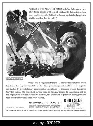 WW2 propagande américaine annonce par Chrysler Corporation 1940 effort de guerre. Les réflecteurs projecteur Canon Bofors et la production en France ont augmenté rapidement depuis l'agression japonaise à Pearl Harbor Banque D'Images