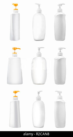 Collection de bouteilles en plastique pour savon liquide et gel douche isolé sur fond blanc Banque D'Images