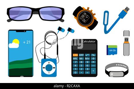 Un ensemble de gadgets. Smartphone, lunettes, dvd, disques durs, la mémoire de la calculatrice. Isolé sur fond blanc. Vector illustration. Illustration de Vecteur