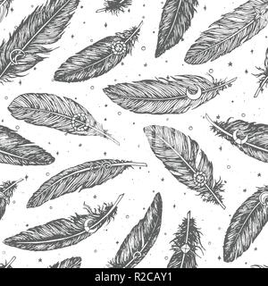 Hand drawn vector seamless pattern avec plumes détaillées sur l'art de la ligne de ciel étoilé fond blanc. Boho décoration pour le papier d'emballage ou des livres de coloriage. E Illustration de Vecteur