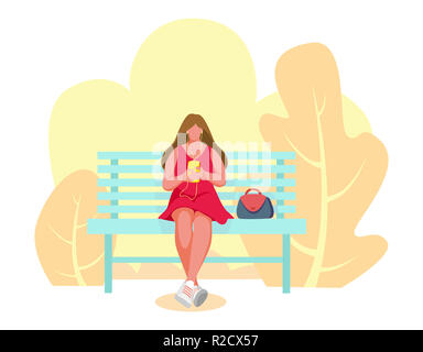 Fille assise sur le banc. Femme à l'écoute de la musique. Illustration Banque D'Images