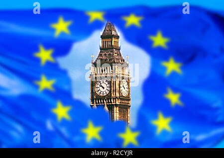 Drapeau européen rompu par Royaume-uni quitter avec Big Ben Tour de Londres, la chambre d'un parlement britannique. Le concept financier pour Brexit et division de l'UE. Banque D'Images