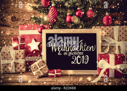 Arbre, cadeaux rétro, Glueckliches 2019 Calligraphie signifie joyeux 2019 Banque D'Images