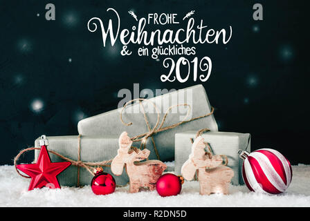 Décoration rouge calligraphie, Glueckliches 2019 signifie joyeux 2019, Snowflakes Banque D'Images