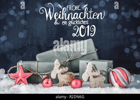 Décoration de Noël, Glueckliches 2019 Calligraphie signifie joyeux, 2019 Bokeh Banque D'Images
