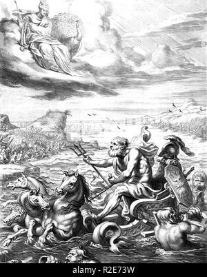 POSEIDON dieu grec de la mer et des chevaux à travers les lecteurs Dardanelles dans son char comme Héra (Junon) et son peacock voler au-dessus Banque D'Images