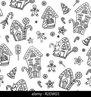 Transparente avec motif de noël Gingerbread House, des cannes de bonbon et sucettes. Hand drawn doodle style. Vector illustration noir et blanc. Isolé sur fond blanc. Parfait pour des pages à colorier Illustration de Vecteur