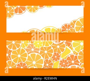 Définissez avec bannière lumineuse horizontale place vide pour le texte. Vector illustration de moitiés de tranches d'agrumes oranges et mandarines. Arrière-plan de conception pour les projets d'entreprise, brochure, mise en page flyer. Illustration de Vecteur