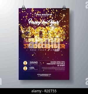 Modèle d'affiche de fête du nouvel an 2019 avec numéro à motif doré et confetti colorés sur fond brillant. Vecteur Illustration de Vecteur