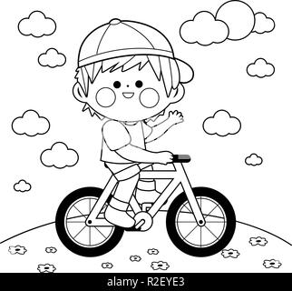 Petit garçon heureux de rouler à vélo dans le parc. En noir et blanc vectoriel page à colorier Illustration de Vecteur