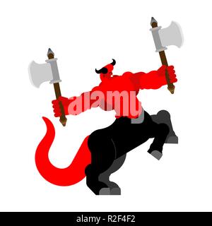 Centaur diable avec ax. Strong en colère contre Asmodée. Grand démon rouge. Satan cornu. Beelzebub puissant seigneur des ténèbres. disque Lucifer patron l'enfer Illustration de Vecteur