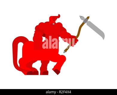 Centaur démon avec faux. Satan cornu. Beelzebub puissant seigneur des ténèbres. disque Lucifer patron l'enfer. Strong en colère contre Asmodée. Big Red Devil. Illustration de Vecteur