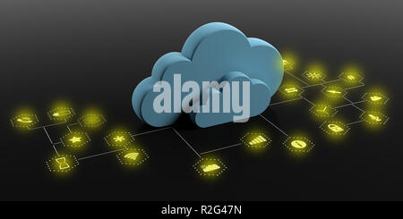 Le cloud computing et les applications mobiles. Nuages bleus sur fond noir avec les icônes des illuminés. 3d illustration Banque D'Images