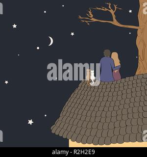 Hand drawn vector illustration of loving couple assis sur le toit, à la lune au ciel de nuit sous les étoiles au lieu de texte avec Illustration de Vecteur