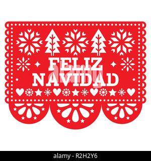 Feliz Navidad papel picado, vecteur conception de cartes de vœux de Noël Mexicain, rouge et blanc guirlande papier motif rouge décoration de fête partie inspirer bannière Illustration de Vecteur