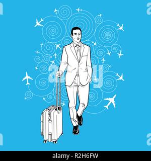 Businessman carrying assurance à l'aéroport. Vecteur d'art de la ligne. Illustration de Vecteur