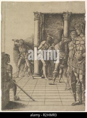 La flagellation, avec la chaussée. Artiste : Andrea Mantegna (École de l'italien, l'Isola di Carturo 1430/31-1506 Mantoue). Dimensions : Plateau : 15 x 11 5/8 à 3/16. (38,6 x 29,5 cm) ; coupé à la limite sur la gauche et tout autour de l'autre côté.. Date : ca. 1475-80. Musée : Metropolitan Museum of Art, New York, USA. Auteur : École d'Andrea Mantegna. Atelier d'Andrea Mantegna ou attribuée à Tsoan Andrea. Banque D'Images