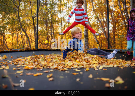 Trois enfants jouant sur un trampoline recouvert de feuilles d'automne, United States Banque D'Images