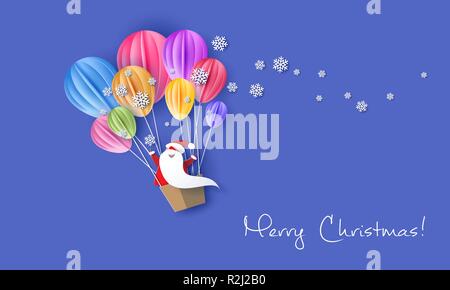 Joyeux Noël design card avec le Père Noël flyingon ballons sur fond de ciel bleu. Vector illustration d'art sur papier. Coupe papier et de l'artisanat traditionnel. Illustration de Vecteur