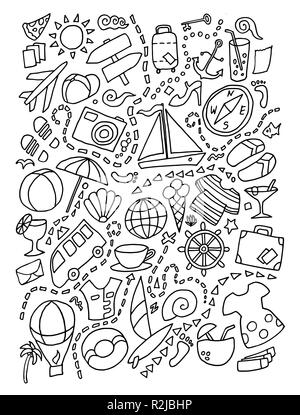 Doodle art ligne cartoon ensemble de la planification de voyage articles thème, objets et symboles Illustration de Vecteur