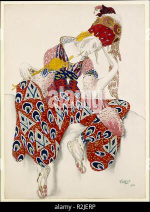Étude de costume pour Vaslav Nijinsky dans le rôle d'Iksender dans le ballet 'La Péri' (la fleur de l'Immortalité), pour la première fois à Paris, 1912. Artiste : Léon Bakst (Fédération, Grodno 1866-1924 Paris). Dimensions : 26 5/8 x 19 1/4 in. (67.6 x 48.9cm). Date : du 1922. Léon Bakst était déjà un portraitiste expérimenté, Illustrator, et le designer en 1909 lorsqu'il a rejoint avec Serge Diaghilev à trouvé les Ballets Russes. Cette conception d'un costume pour être portés par le célèbre danseur Vaslav Nijinsky (1890-1950) démontre l'implication de Bakst de symbolisme et Art Nouveau, ainsi que sa Banque D'Images