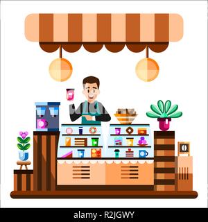 Boutique de café barista avec intérieur debout derrière de comptoir bar avec bouilloire et goodies. Télévision Illustration Illustration de Vecteur