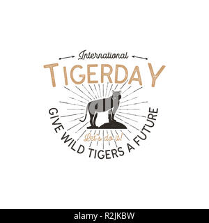 Journée internationale de l'emblème du tigre. La conception d'un insigne d'animaux sauvages. Vintage hand drawn typographie logo de tigerday avec rafales. Couleurs rétro. Stock illustration isolé sur fond blanc Banque D'Images